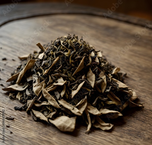 Macro shot of a small pile of tea leaves on a polished wooden surface, showcasing intricate details. Generative AI