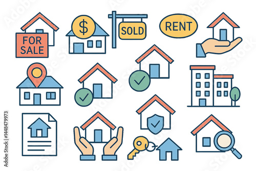 The Lineo Editable Stroke features icons for real estate and homes, which are vector-based and allow adjustments to stroke weight, scaling to any size, and colour changes