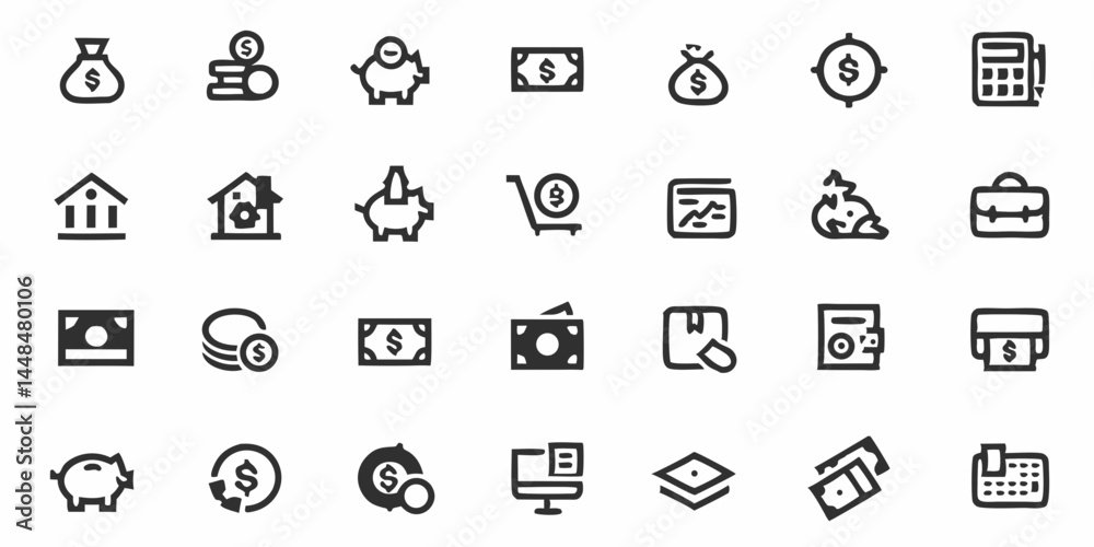 Collection of various financial icons representing money banking and investment related concepts in black and white created with generated ai Collection of various financial icons representing money banking and investment related concepts in black and white created with generated ai
