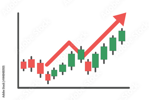 A white background design features a vector illustration of a candle stick graph chart used for business and  market investment trading, showcasing a bullish point and the trend of the graph