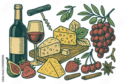 Vector hand drawn template illustration featuring wine and appetizers, including a bottle, glass, corkscrew, cheese, fruits, and spices, in a vintage engraved style, suitable for restaurants, menus