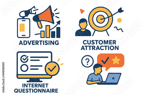Digital marketing strategy incorporates vector isolated concept metaphor illustrations to represent target audience, online survey metaphors, and icons for advertising businesses, customer