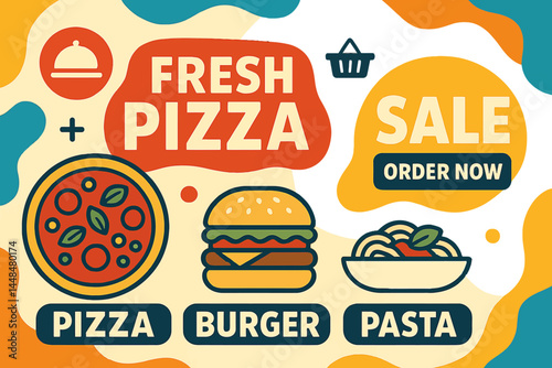 The design of marketing templates for fast food restaurants typically incorporates abstract backgrounds, logos, and icons to advertise online promotions for fresh pizzas, burgers, and pasta through