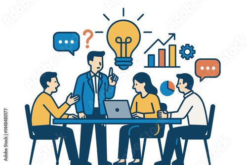 A flat vector illustration depicts a business team gathering for a brainstorming session