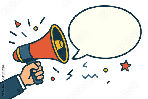 A male hand is shown grasping a megaphone that contains an empty speech bubble, symbolizing a loudspeaker, and serves as a template for digital marketing, promotional, and advertising materials