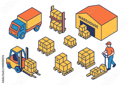 Isometric illustrations of warehouse logistics, cargo transport, and wholesale distribution are available in a 3D vector set featuring distributed pallets