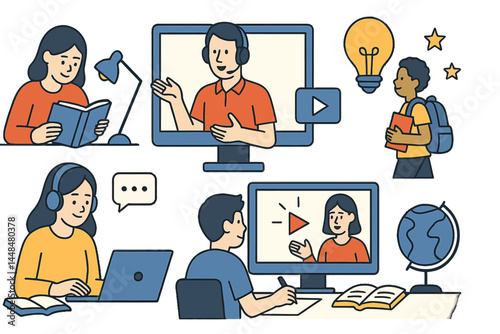 Vector illustrations depict individuals engaged in various educational activities, such as learning, reading, and participating in online courses
