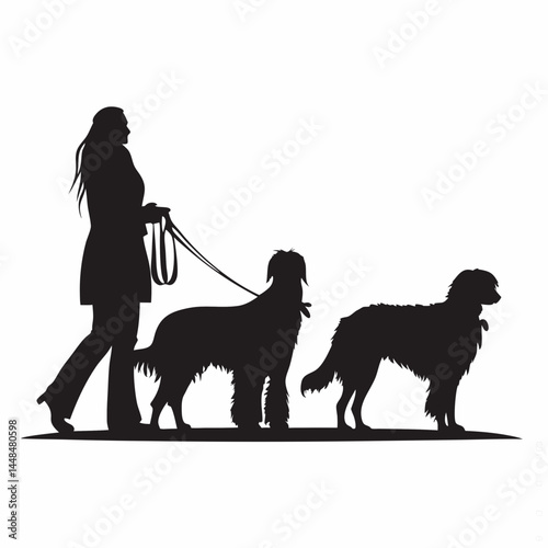 Silhouette of a woman walking two dogs on leashes in a park on a sunny day with a bright background created with generated ai