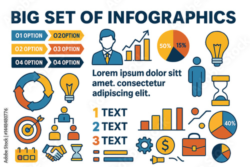 The concept of business infographics is presented through a comprehensive set of vector elements in flat design, suitable for various applications such as presentations, booklets, and websites