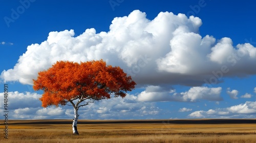 Autumn Landscape Lone Tree Orange Leaves Field Sky Clouds