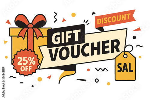 A promotional sale featuring a gift voucher template with a discount, set against a black and white background, presented as a vector illustration