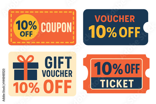 A collection of coupons, ticket cards, and gift vouchers is available, featuring a coupon card element template for graphics design, along with gift vouchers or promotional certificates offering a 10