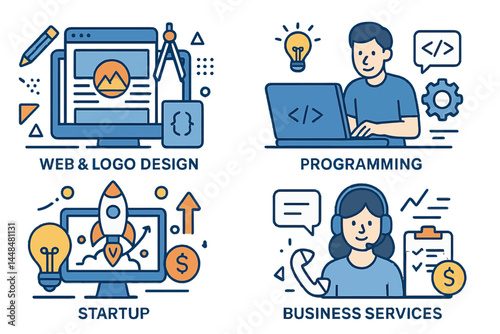 A collection of flat design templates for web pages, encompassing web and logo design, programming, startup, and business services, is presented through modern vector illustrations, suitable for