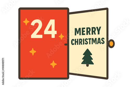 The opening of a Christmas advent calendar door is illustrated in a realistic vector style to show a hidden message