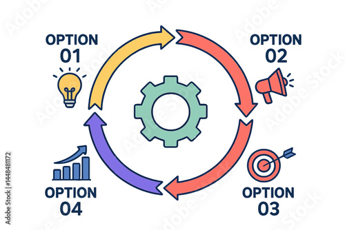 A vector template illustrating a business element for infographics, comprising a cycle process with four parts or stages, depicted using thin line icons