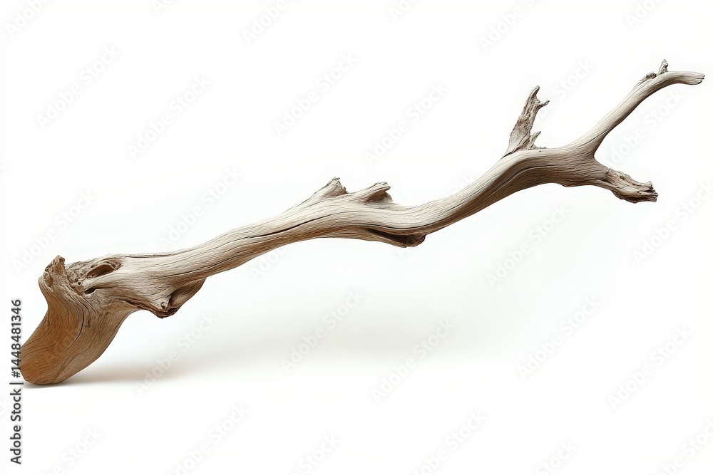 Naklejka premium Weathered driftwood branch with intricate curves and textures, isolated on a white surface. A natural, sculptural form