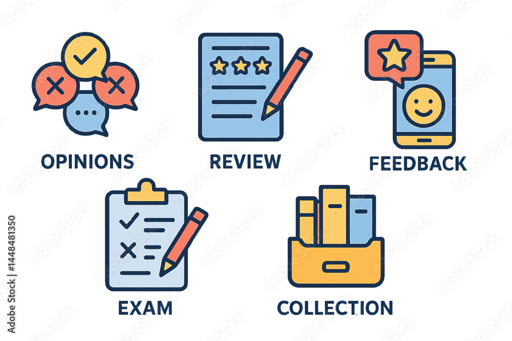 Vector illustration featuring survey web icons in line style, such as opinions, reviews, feedback, exams, and collections Vector illustration featuring survey web icons in line style, such as opinions, reviews, feedback, exams, and collections