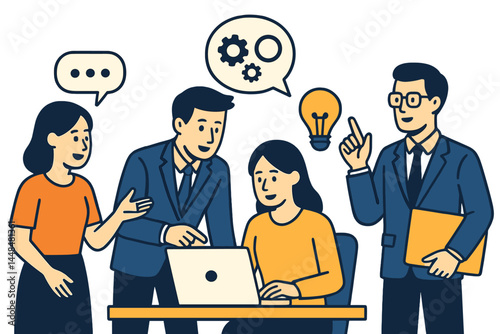 Corporate employee cartoon teamwork and communication are showcased through a flat business team vector illustration, emphasizing office people and business characters working together