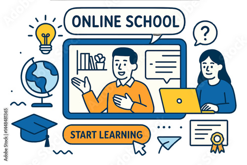 A web banner template featuring doodle style vector illustrations is available for online school websites, landing pages, and mobile app development focused on digital internet tutorials, courses
