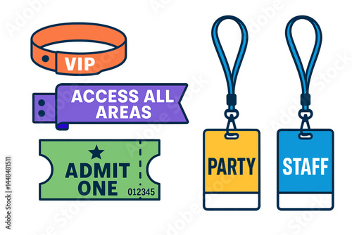 A mockup featuring various access control designs, ideal for events like concerts, parties, and festivals, as well as private areas, including bracelets, tickets, and lanyards