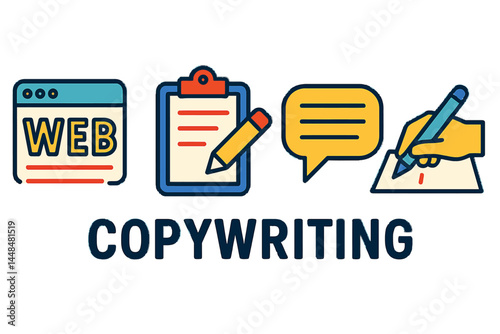 A set of copywriting line icons is available, featuring text, web, clipboard, and pencil elements, along with words, notepad, and hand writing on a document icon symbol, all presented as a vector
