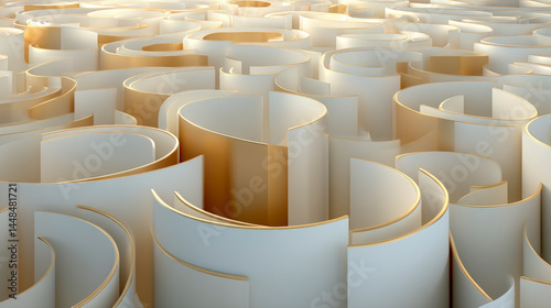 An abstract 3D rendering of an endless maze of curved, intertwined white walls under warm lighting.