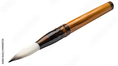 A traditional Japanese calligraphy brush (fude) with bamboo handle and white horsehair bristles, slight ink stains, isolated on transparent background