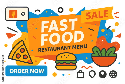 Fast food restaurant menu social media marketing web banner template design features pizza, burger, and healthy food business online promotion flyer with abstract background, logo, and icon