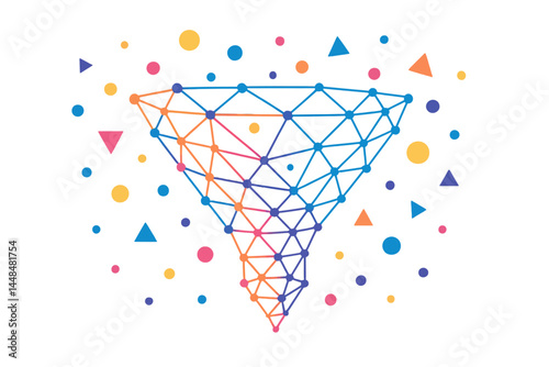 A low poly wireframe funnel is depicted in black on a white background, featuring an abstract mash of lines and points reminiscent of origami, presented as a vector illustration of a geometric