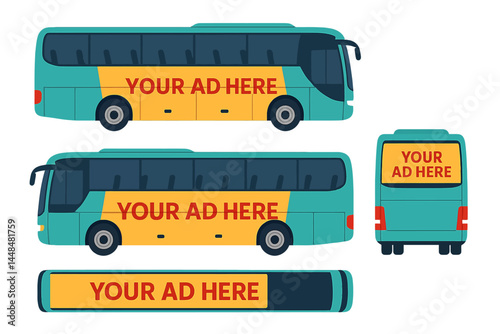 Template for car branding and advertising featuring a bus vector, with an isolated coach bus on a white background, and well-organized layers and groups for easy editing and recoloring, shown from
