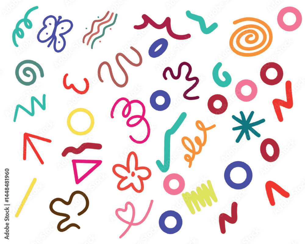 The image is a colorful and playful collection of abstract doodles on a white background. It features various hand-drawn shapes including spirals, squiggles, arrows, circles, flowers, butterflies, The image is a colorful and playful collection of abstract doodles on a white background. It features various hand-drawn shapes including spirals, squiggles, arrows, circles, flowers, butterflies,