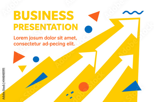 Vector illustration of a business presentation template featuring white arrows on a yellow background
