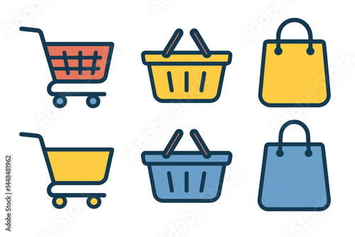 A set of icons for shopping carts, baskets, and bags is available, presented in a linear style for shops