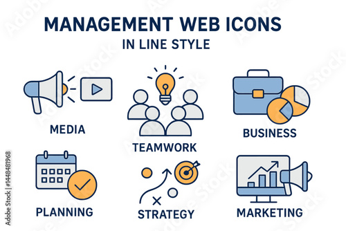 Line style management web icons are available, featuring media, teamwork, business, planning, strategy, and marketing, as a vector illustration