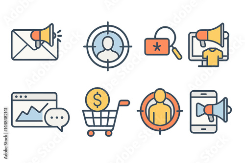 This set of vector line icons is simple and related to marketing, featuring icons like mail marketing, target audience, and product presentation, all with editable strokes and a 48x48 pixel perfect