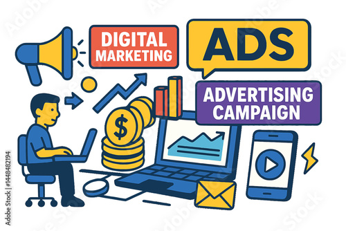 Conceptual illustration of a digital marketing agency through 3D vector graphics, focusing on an advertising campaign