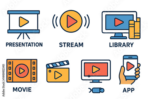 This set of vector line icons is simple and related to video content, including icons for presentation, streaming, library, and more, with editable strokes in a 48x48 pixel perfect format