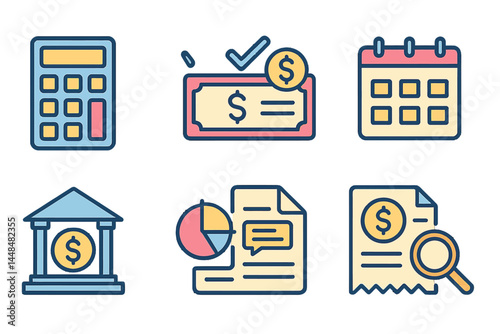 A set of icons for accounting, including a calculator, investment check, and report, as well as calendar, banking, and financial documents, bills, and wealth auditing, all represented by quality