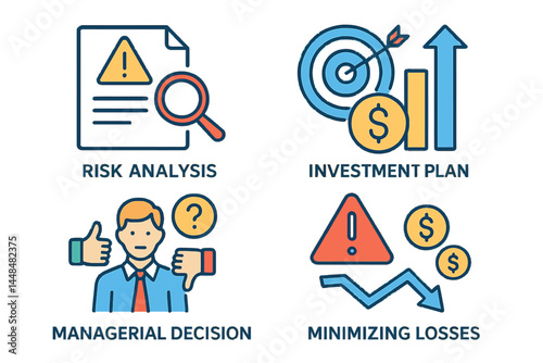 A collection of vector line icons pertaining to risk management is available, including risk analysis, investment planning, managerial decision-making, and loss minimization, all in editable stroke