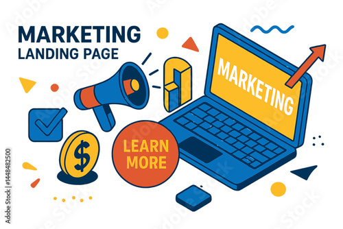 A marketing design concept featuring a laptop, loudspeaker, and various other elements, presented as an isometric vector illustration for a web landing page template