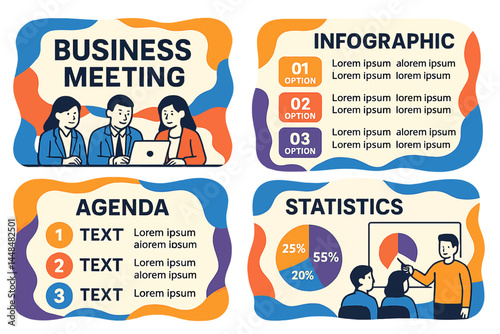 Templates for business meeting presentation slides are available, featuring infographic elements and vector illustrations that can be utilized for teamwork presentations, brochures, marketing