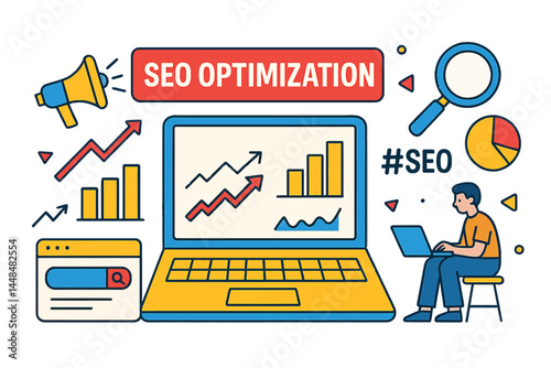 The concept of SEO optimization, web analytics, and SEO marketing is represented through a social media illustration in 3D vector form