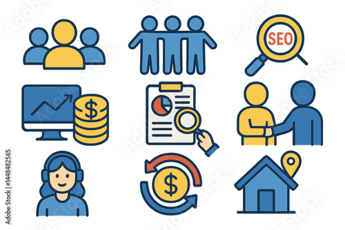 This bundle of vector flat icons includes concepts like Teamwork, People, Finance, Analysis, SEO, Business, Money, Support, Real Estate, and many more, all in a UI and UX vector icon format