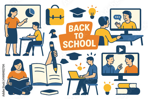 Illustrations of people in educational settings, including reading, online courses, and training, are available in vector format