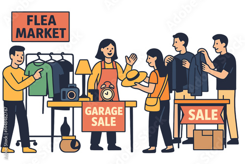 Flat vector illustration of a flea market, featuring cartoon customers and sellers, with a focus on clothing and vintage goods retail business, including garage sales and second-hand shops
