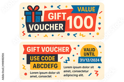 A template for gift vouchers, showcasing both the back and front of the coupon, is presented as a vector illustration
