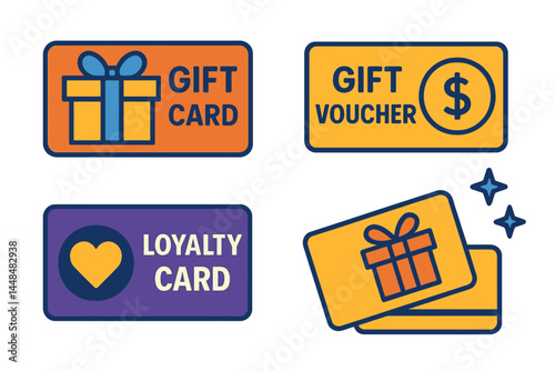 A collection of gift card icons is presented, including a shopping gift card, gift voucher, reward, and loyalty card, all in vector illustration