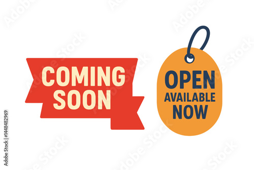 A red ribbon label banner marked 'Coming soon' is available, along with an 'Open now' sign or a 'Coming soon' tag