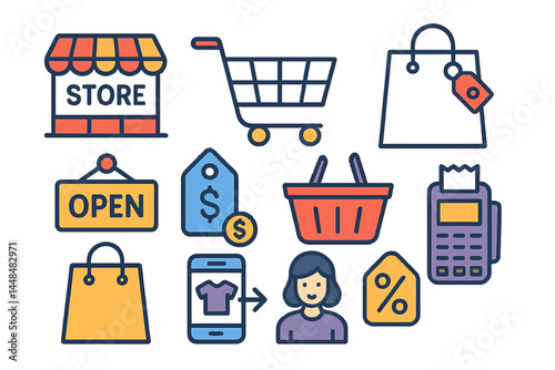 Vector illustration set of thin line design icons related to commerce, including shops, shopping malls, and retail