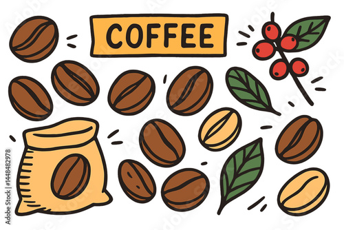 A set of vector drawings and doodles featuring coffee beans and other ingredients is available